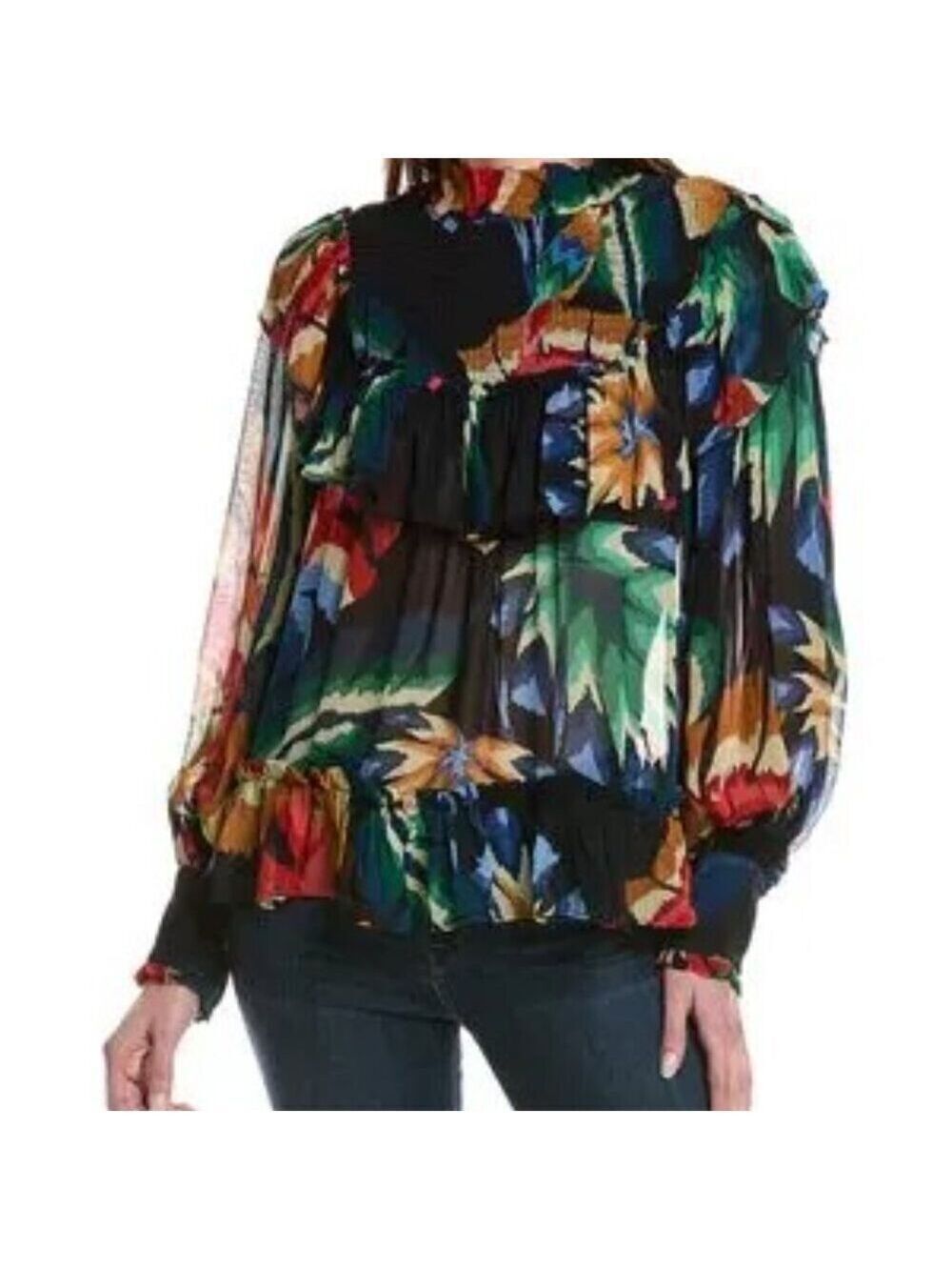Farm Rio Womens Chevron Forest Colorful Floral Women's Top Size Medium Blouse